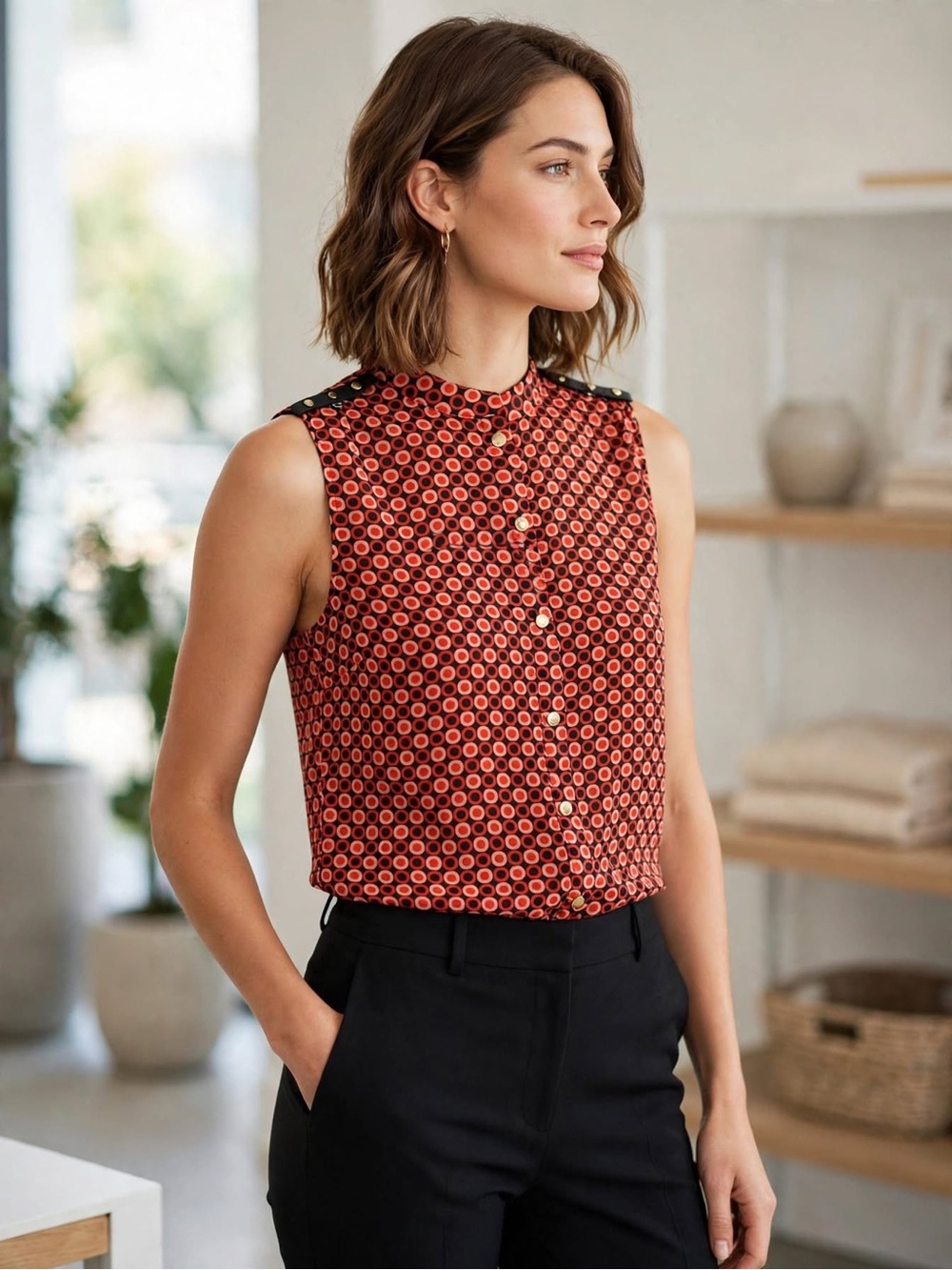 Michael Kors Red and Black Circular Print Sleeveless Blouse